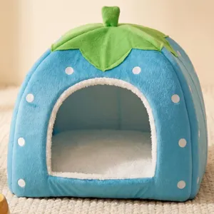 Blue strawberry pet house cute plush cave cat bed soft warm puppy tent winter indoor use