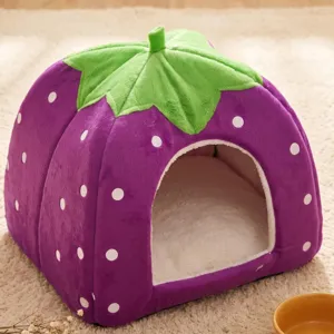 Cute purple plush pet house enclosed cat bed dog tent with green leaf top and white dots.