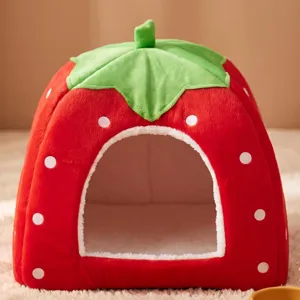 Cute strawberry pet cave bed for cats and small dogs, soft plush indoor house detail view.