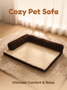 Detailed view of brown corduroy pet sofa with soft plush cushion for dogs and cats.