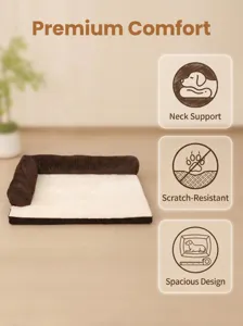 Detailed view of brown plush dog sofa with neck support, scratch-resistant and spacious design.