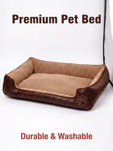 Vue detaillee du lit pour animaux confortable avec coussin texture et bordure en cuir.