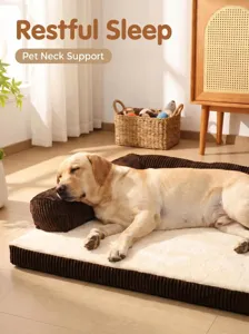 Comfortable plush pet dog bed with soft corduroy bolster for restful sleep and neck support.