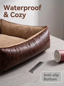 Vue détaillée de lit pour animal étanche avec tissu confortable et fond antidérapant.