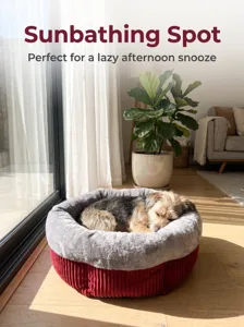 Cozy plush pet bed detail in warm sunlight, soft fleece cushion for cats and dogs.