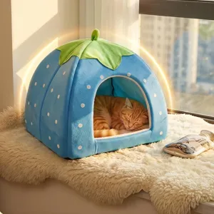 Cozy blue fruit shaped plush pet house tent for cats and small dogs, soft four seasons bed.
