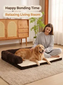 Detailed view of the large washable corduroy pet sofa bed, cozy dog mat for living room.