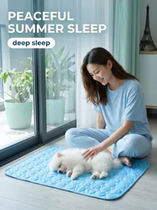 Summer cooling pet mat for dogs and cats, breathable ice silk sleeping pad for pets in blue.