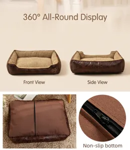 Détail de lit pour animal en velours côtelé marron fermeture éclair et fond antidérapant.