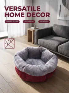 Cozy round pet bed with soft grey plush interior and red corduroy exterior for cats dogs.