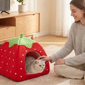 Cute strawberry cat bed tent plush cave cozy enclosed house for small dogs pets indoor use