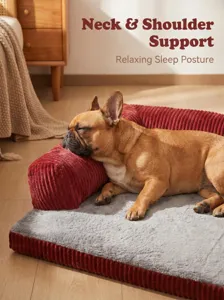Comfortable pet dog bed with plush sleeping surface and neck support bolster for dogs pets.