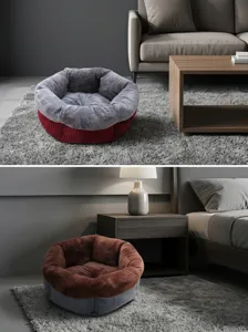 Plush round pet bed detail, cozy fleece interior and textured exterior for cats and dogs.