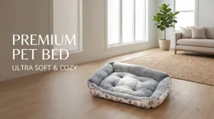 Cozy plush pet bed detail showing ultra-soft grey interior and elegant Parisian print exterior.