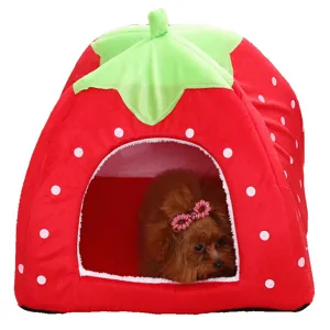 Cute strawberry pet house cave bed for dogs and cats, warm plush tent design for all seasons.