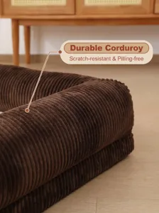 Brown corduroy pet sofa bed with durable scratch-resistant fabric for dogs and cats.