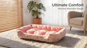 Cozy plush pet bed detail showing soft pink inner cushion and stylish printed outer fabric.
