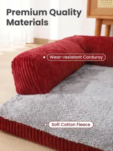 Pet dog bed detail showing soft fleece cushion and durable red corduroy side bolster.