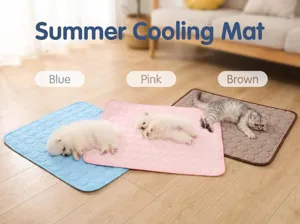 Pet cooling mat detail showcasing blue, pink, and brown summer ice silk mats for dogs and cats.