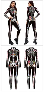 Vue détaillée de la combinaison squelette Halloween, costume noir avec impression colorée.
