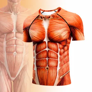 Chemise de Compression à Imprimé Musculaire 3D pour Hommes Manches Courtes Couche de Base d'Entraînement Sportif Haut de Fitness Respirant