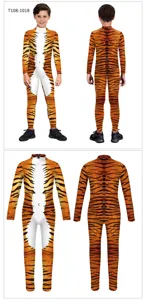 Kids tiger cosplay jumpsuit digital print animal costume stage performance wear outfit.