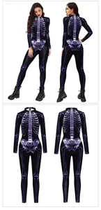 Combinaison squelette Halloween pour femme, costume moulant imprimé numérique manches longues.