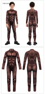 Kids animal digital printed muscle cosplay jumpsuit costume detail showing front and back views.