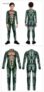 Kids green snakeskin print muscle cosplay jumpsuit for stage performance and party costume