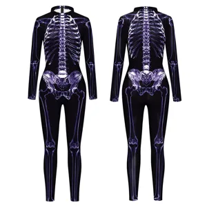 Body noir imprimé squelette d'Halloween, costume à manches longues pour fête femme.
