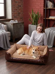 Lit pour chien confortable avec coussin gaufré et bordure en cuir pour animaux domestiques