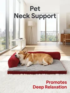 Cozy pet bed detail view with soft grey cushion and red corduroy bolster for comfortable dog resting.