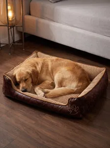 Vue détaillée d'un lit pour chien confortable avec doublure gaufrée et golden retriever