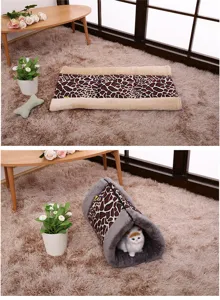 Vue détaillée lit grotte pour chat motif girafe pliable,maison en peluche douce pour animaux.