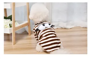Cute brown striped winter dog clothes with funny eyes on back, warm pet apparel for small dogs.