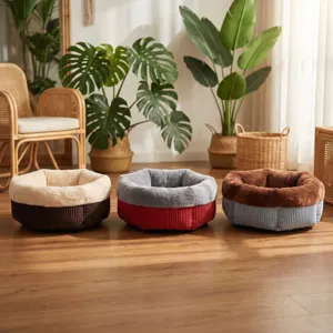 Cozy round plush pet bed with corduroy exterior, comfortable sleeping mat for cats and dogs.