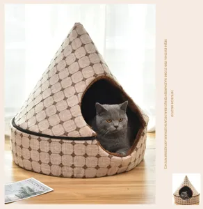 Detailed view of the cozy enclosed geometric pattern pet bed featuring a soft plush interior.