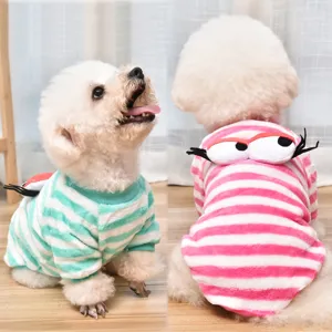 Cute striped pet dog autumn winter warm clothes with funny plush eyes plush sweater