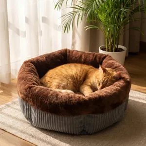 Cozy round pet bed with plush brown rim and grey corduroy wall for cats and small dogs sleeping