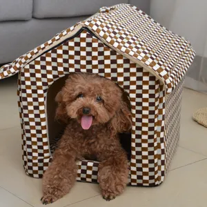 Calda cuccia chiusa per piccoli cani e gatti, comodo letto a quadri per animali inverno