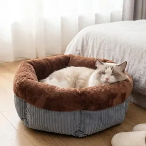 Cozy round plush cat bed and warm pet sleeping mat for all seasons, comfortable rest