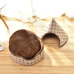 Cozy enclosed pet bed with plush cushion and removable tent roof for cats and small dogs.