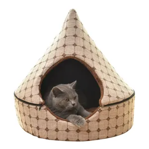 Enclosed conical pet cat bed with brown grid fabric pattern and cozy plush interior inside.