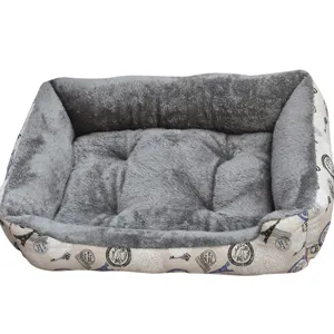 Rectangular plush pet bed with grey fleece inner and vintage Eiffel tower print for dogs cats.