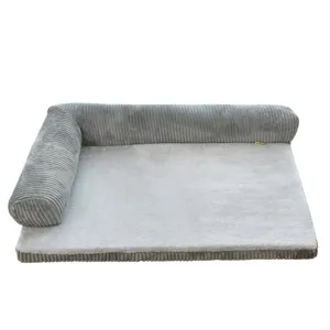 Comfortable gray dog sofa bed with soft plush cushion and corduroy bolsters for pets.