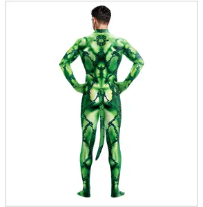 Grüner Schlangenmuster Ganzkörper-Zentai-Anzug Detailansicht, gruseliges Kostüm mit Schwanz.