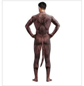 Vista posteriore dettagliata del costume cosplay tuta intera stampa muscoli orso bruno.