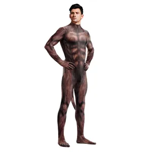 Costume cosplay animale tuta zentai integrale stampa muscoli orso marrone da uomo con mani piedi.