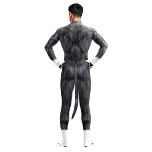 Husky cosplay costume jumpsuit for adults, animal digital print full body suit back view.