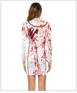 Back detail view of Halloween horror zombie nurse costume with blood print and slim long sleeves.